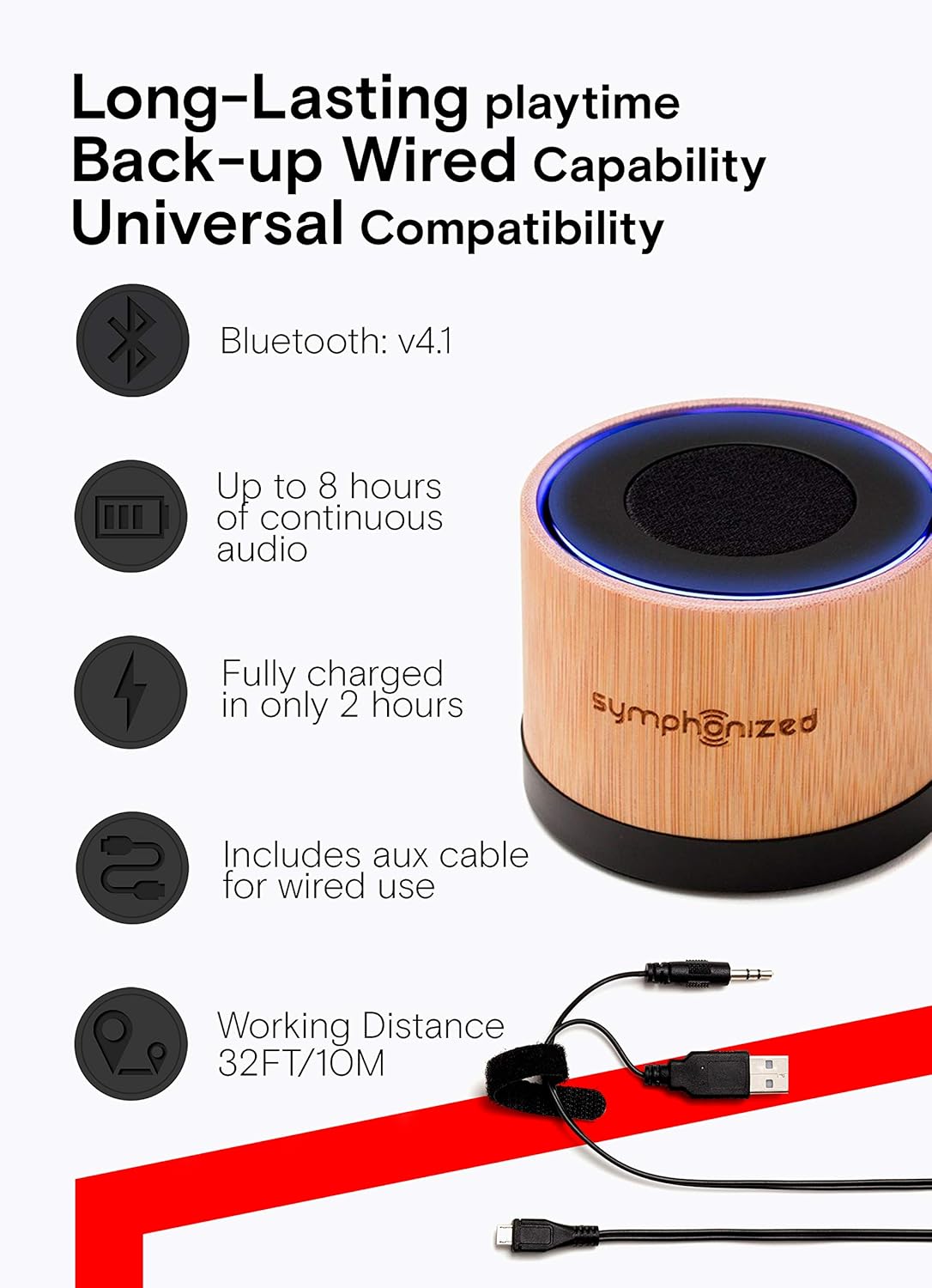 Symphonized NXT Premium Genuine One Piece Solid Hand Carved Bamboo Wood Bluetooth Portable Speaker. Compatible with All Bluetooth iOS Devices, All Android Devices and Mp3 Players